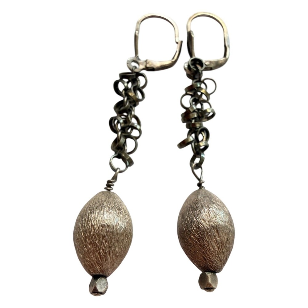 Vintage 925 Sterling Silver Chainmaille Leverback Dangle Earrings Textured Bead